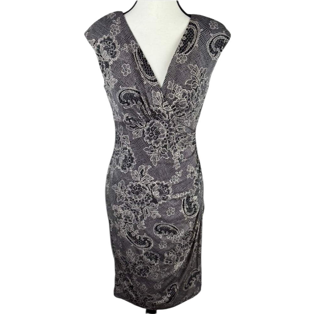London Times Wrap Dress 6 Black Floral Formal Bodycon Evening Party Cocktail - Picture 2 of 12